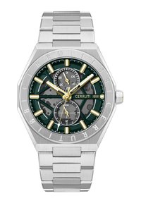 Reloj de acero inoxidable plateado con caja octogonal, esfera con patrón verde y negro, acentos dorados y pulsera de eslabones. Incluye dos subesferas.