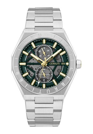 Silver stainless steel watch with octagonal case, green and black patterned dial, gold accents, and a link bracelet. Dual sub-dials included.