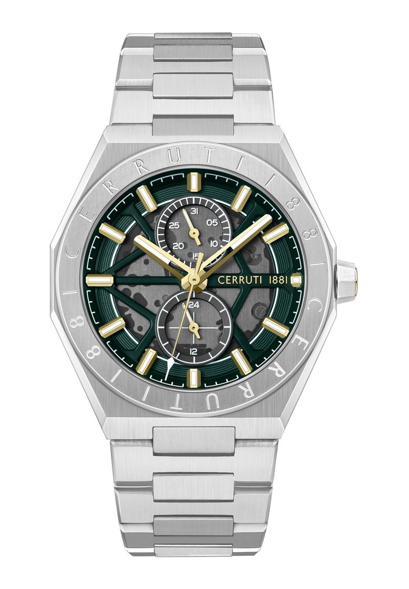 Reloj de acero inoxidable plateado con caja octogonal, esfera con patrón verde y negro, acentos dorados y pulsera de eslabones. Incluye dos subesferas.