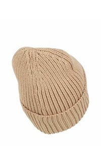 Knitted beanie in light beige, featuring ribbed texture, a fitted crown, and a folded cuff for added warmth and comfort.