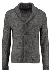 Charcoal gray knit cardigan featuring a shawl collar, six buttons down the front, and ribbed cuffs and hem. Soft textured fabric.