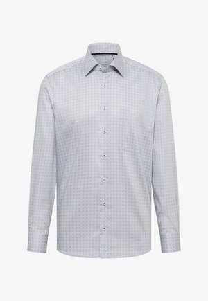 Camicia da uomo a maniche lunghe con piccolo motivo geometrico, chiusura con bottoni e colletto appuntito in colori grigio chiaro e navy.
