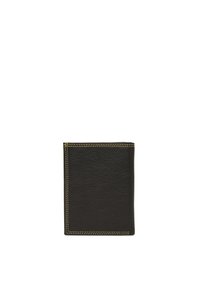 Black leather wallet with a textured surface, featuring contrasting yellow stitching along the edges and a simple, rectangular design.
