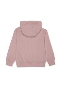 Sudadera con capucha en tono rosa polvo mate, de manga larga, con puños y dobladillo acanalados, mostrada de espaldas sobre fondo blanco.
