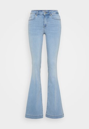 Hellblaue Schlagjeans aus Denim, mit hoher Taille, fünf Taschen und kontrastierenden Nähten entlang der Säume.