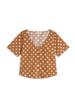 Bruine blouse met korte mouwen, roomkleurige stippen, V-hals en knopen aan de voorkant.
