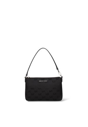 Borsa a tracolla rettangolare nera con motivo MK, tracolla singola e logo Michael Kors argentato sul davanti.