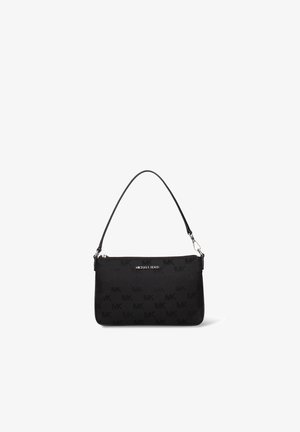 Black rectangular shoulder bag with MK pattern, single strap, and silver Michael Kors logo on front.