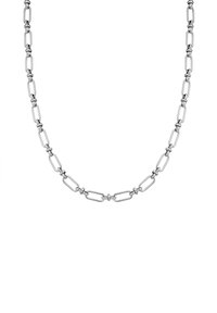 Srebrny naszyjnik z wydłużonymi owalnymi ogniwami i okrąg�łymi łącznikami. Gładkie wykończenie metaliczne z jednolitym wzorem i naprzemiennym stylem łączenia.
