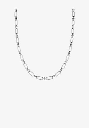 Zilveren ketting met langwerpige ovale schakels en ronde verbindingen. Gladde metaalafwerking met een uniform ontwerp en afwisselende koppelingstijl.