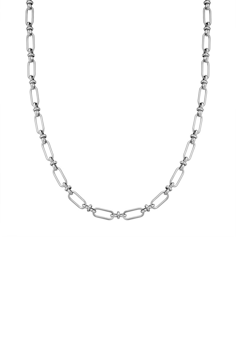 Srebrny naszyjnik z wydłużonymi owalnymi ogniwami i okrągłymi łącznikami. Gładkie wykończenie metaliczne z jednolitym wzorem i naprzemiennym stylem łączenia.