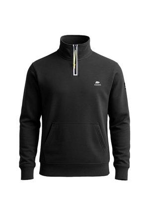 Schwarzer Pullover mit hohem Kragen, halbem Reißverschluss und gelbem Zipper. Hat eine Fronttasche und ein kleines Logo auf der Brust.
