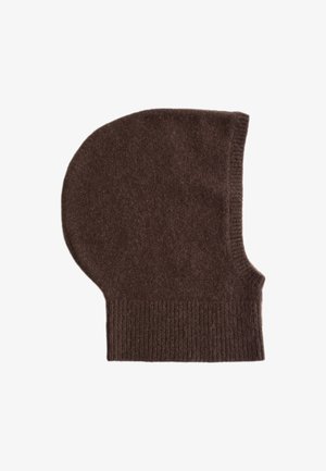 Brown wool balaclava with a rounded top, ribbed bottom, soft texture, and seamless design. Suitable for cold weather wear.