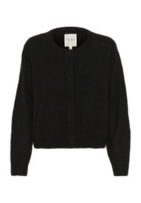 Svart cardigan i mjuk stickad kvalitet, med rund halsringning, långa ärmar och framknäppning med knappar. Inga synliga mönster eller accenter.