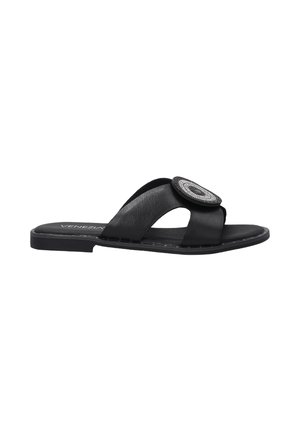 Black leather slide sandal with two crossed straps, featuring a circular decorative accent on the toe area and a flat rubber sole.
