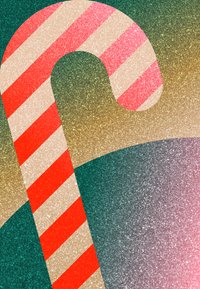 Σχέδιο με κόκκινες και λευκές ρίγες, όπως καραμέλα, σε ένα λαμπερό φόντο με κλίμακα χρωμάτων. Διαθέτει στρογγυλεμένη κορυφή και γυαλιστερή υφή.