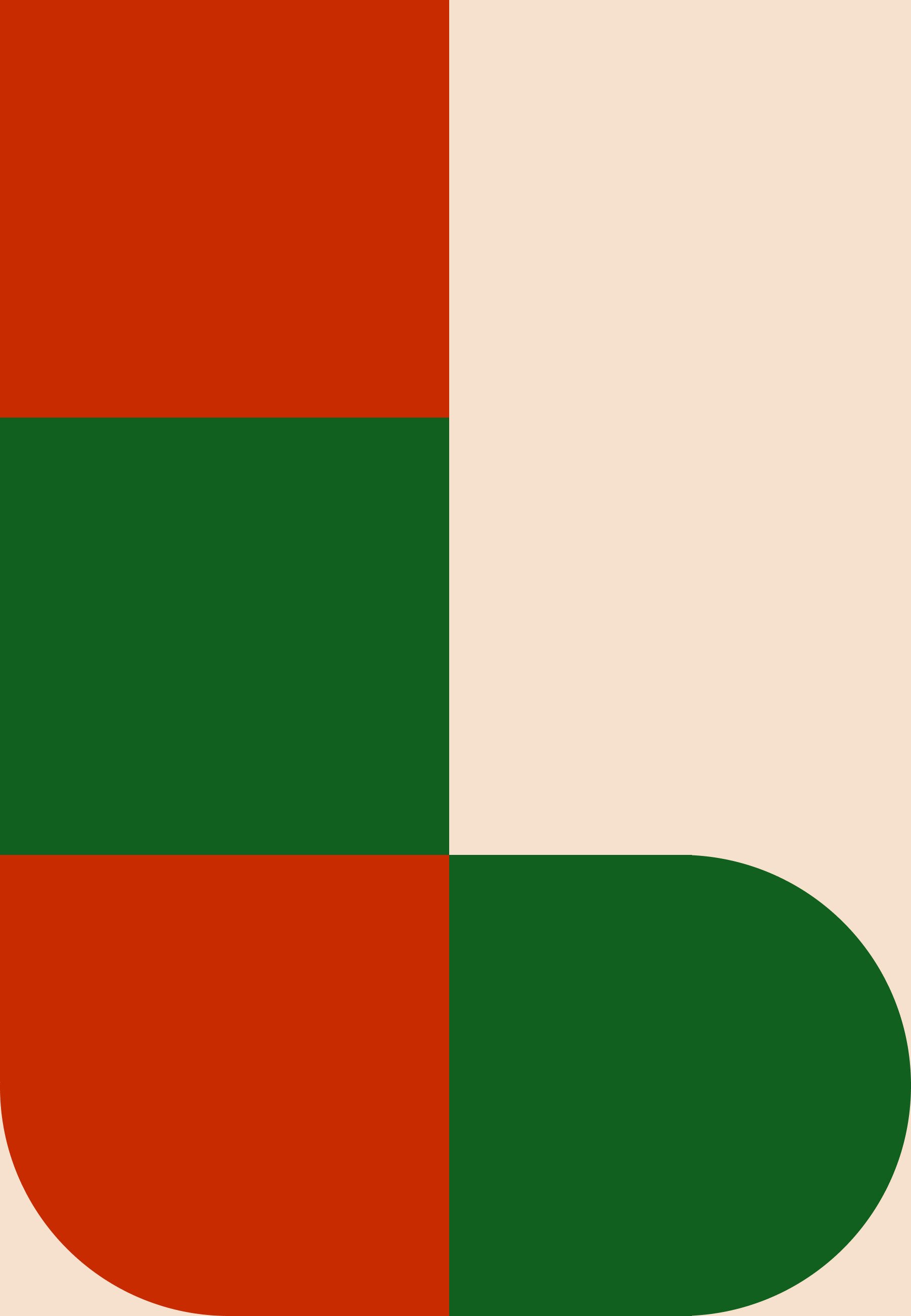 Abstraktes Design mit einer Kombination aus tiefroten und grünen Formen, darunter ein gekrümmter Abschnitt und geometrische Rechtecke auf einem hellbeigen Hintergrund.