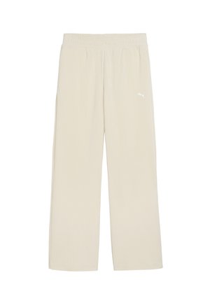 Lichtbeige wijde pijpen broek van ribbelstof, met een elastische tailleband en een klein wit logo-detail aan de linkerzijde.