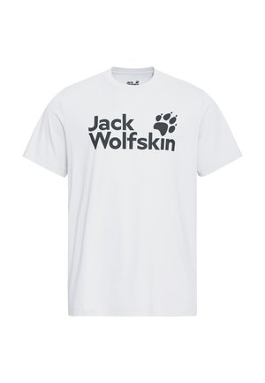 Wit T-shirt met korte mouwen en zwarte "Jack Wolfskin" tekst en pootafdruk logo gecentreerd op de voorkant.