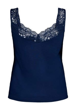 Canotta blu navy con scollo a V e rifiniture in pizzo lungo il collo e le aperture delle maniche. Tessuto liscio con una forma aderente e senza ulteriori fantasie.