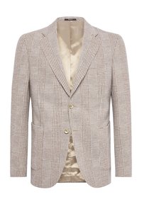 Ljust beige blazer med houndstooth-mönster, två knappar, spetsiga slag och fickor med klaff. Fodrad med satäng i en ljusare nyans.