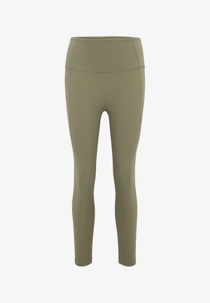 Hochgeschnittene, olivgrüne Leggings aus einem glatten, dehnbaren Stoff. Mit flachen Nähten und einem taillierten Design, das zum Knöchel hin schmaler wird.