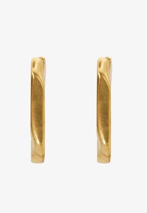 Orecchini ad anello in metallo color oro con una finitura liscia e lucida e un design leggermente curvato, che mettono in mostra un'estetica elegante e moderna.