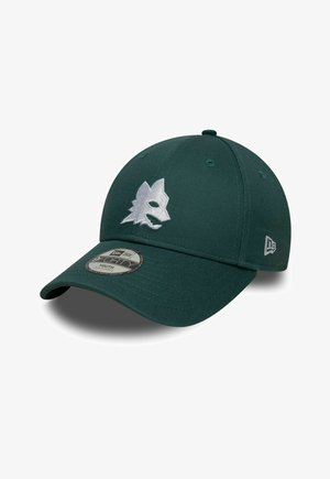 Casquette de baseball pour jeunes de couleur vert foncé, ajustable, avec un logo de loup argenté sur le devant et le logo New Era sur le côté.