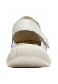 Sandal in pelle bianca con strap regolabile in Velcro, suola testurizzata, schiena aperta e plantare imbottito con un sottile motivo ondulato.