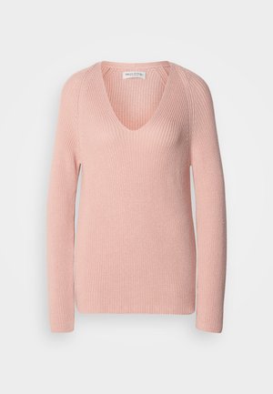 Light pink v-neck sweater with long sleeves, ribbed texture, and a relaxed fit. Made from soft knit fabric, features subtle stitching details.