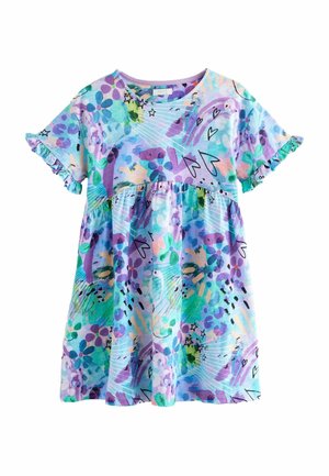 Robe pour tout-petit à manches courtes avec bords à volants, motifs floraux pastel violet, bleu, vert et cœurs abstraits sur fond bleu clair.