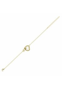 Bracciale in oro con un pendente a forma di cuore con un centro in smalto bianco e una bordatura di piccole pietre trasparenti.