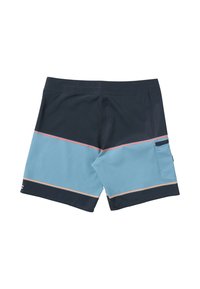 Pánske plávacie šortky s dvojtónovým dizajnom v tmavo námorníckej a svetlo modrej farbe, s horizontálnymi pruhmi a bočnou vreckom na uloženie.