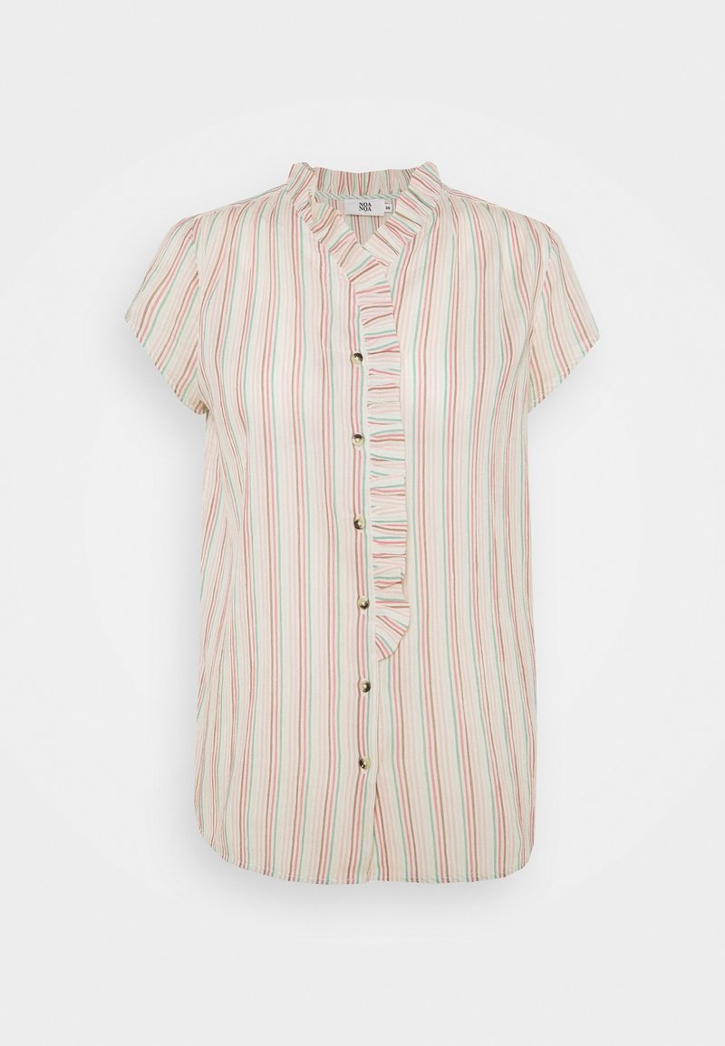 Blouse femme à manches courtes avec des rayures verticales pastel et un bord volanté le long de la fermeture à boutons sur le devant.