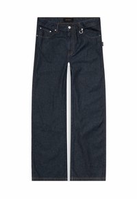 Jeans in denim blu scuro con un design a gamba dritta, cinque tasche, parti metalliche e dettagli di cucitura a contrasto. Texture liscia.