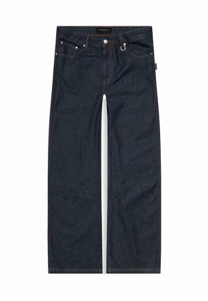 Dunkelblaue Jeans aus Denim mit geradem Bein, fünf Taschen, Metallbeschlägen und kontrastierenden Nähte. Glatte Textur.