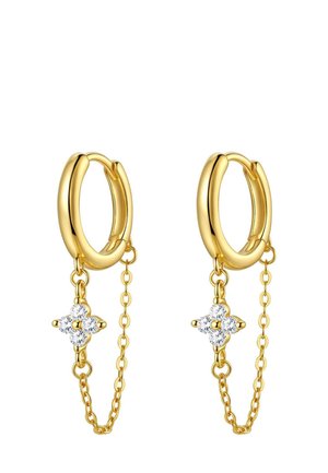 Pendientes de aro de oro con un detalle de cadena, que presentan tres piedras preciosas claras en un patrón floral, acabados con una superficie pulida.