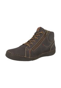 Scarpa alta in pelle marrone scuro texture con cuciture in marrone chiaro a contrasto, lacci frontali e dettaglio con cerniera laterale.