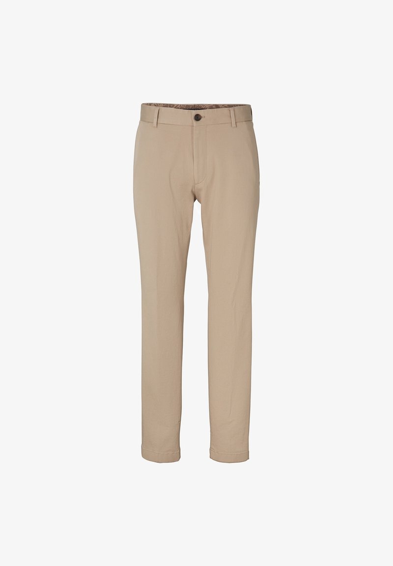 Pantalon beige à jambes droites avec fermeture devant par bouton et zip, passants pour ceinture et ourlets repliés.