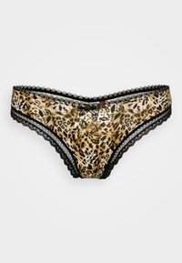 Sous-vêtements à imprimé léopard avec une bordure en dentelle noire, en tissu lisse et un nœud décoratif à l'avant. Ajustement réglable avec des étiquettes de logo.