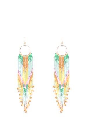 Long beaded earrings with green, orange, yellow, pink, and blue beads hanging from gold-colored hoop hooks.