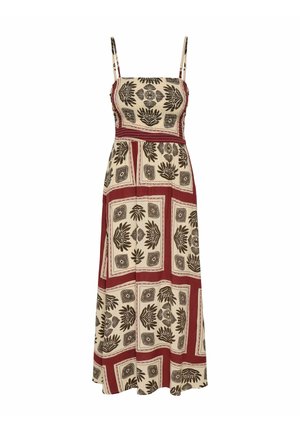 Mouwloze maxi-jurk met dunne bandjes, met een beige basis en bruine bloem- en geometrische patronen omlijst door donkerrode randen.