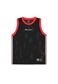 Camiseta sin mangas de malla negra con acentos rojos y franjas laterales blancas. Presenta un escote redondo y un logo en el pecho. Tejido ligero.