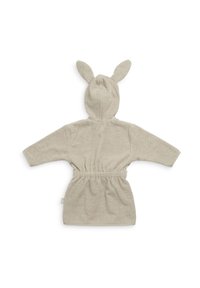 Peignoir de bain en terry beige avec capuche ornée d'oreilles de lapin, manches courtes et taille élastique pour un ajustement confortable.