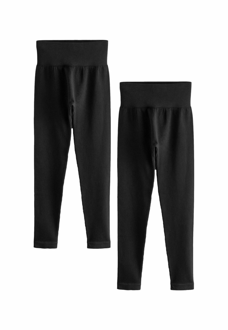 Sorte ribbede leggings med en bred elastisk talje, ankellang skæring og en glat tekstur. To par vist.