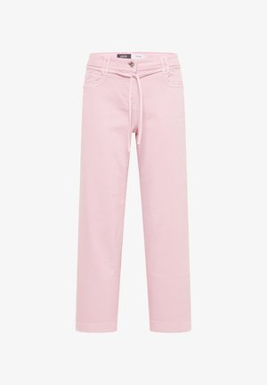 Lyserøde bukser med lige ben, frontknap, lynlås, bæltestropper, sidelommer og et stofbånd i taljen.