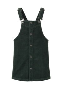 Tmavě zelené manšestrové šatičky na lacláče s nastavitelnými ramínky, zapínáním na knoflíky vpředu a rovně střiženým lemem. Texturovaná látka s vertikálními žebry.
