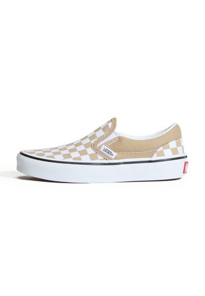 Baskets Vans slip-on à motif damier beige et blanc avec semelle blanche et bordure noire, vues de côté sur fond blanc.