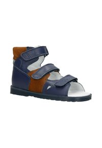 Stivaletto blu navy con dettagli in suede marrone, materiale sintetico, design con punta aperta, doppie cinghie in Velcro e suola in gomma texturizzata.