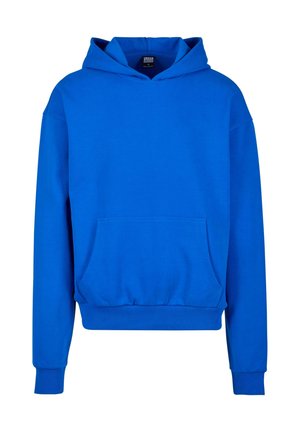 Blaue Kapuzenjacke mit einer Fronttasche, gerippten Bündchen und Saum. Gefertigt aus weichem Material, im lässigen Schnitt und ohne sichtbare Logos.
